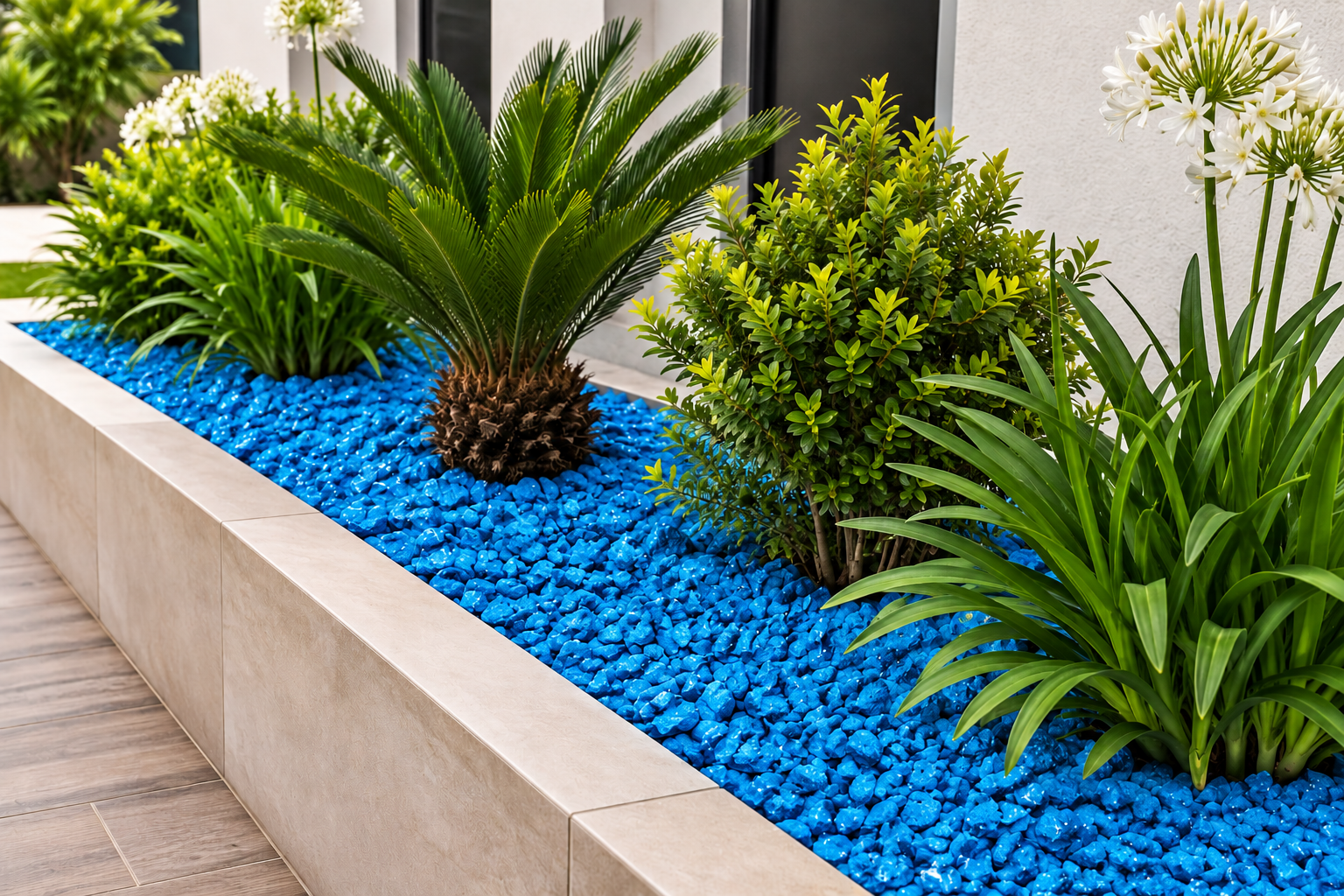 Jardinera exterior moderna decorada con grava azul de granulometría pequeña, plantas ornamentales y flores blancas, ideal para jardines, terrazas y proyectos de paisajismo.